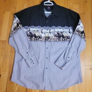 Panhandle Slim Mens Western Shirt XL Blue Panel Horses Pearl Snap Closure
